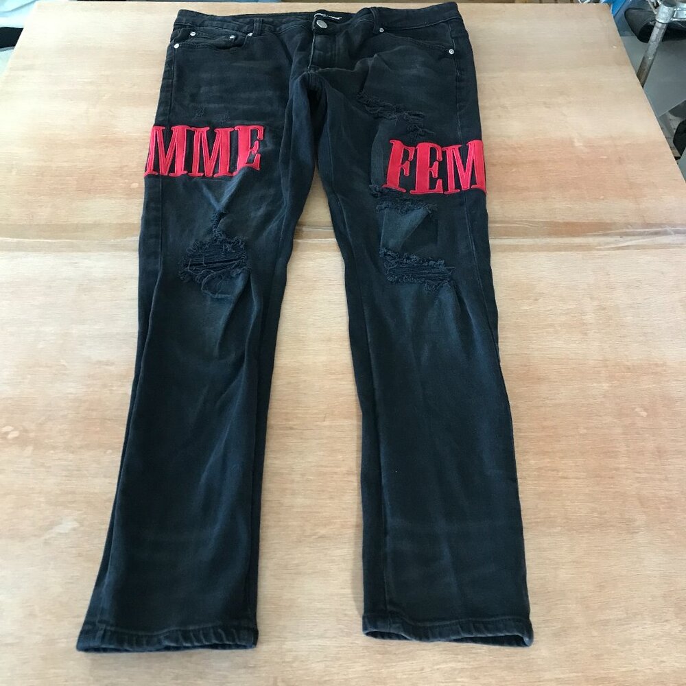 Homme Femme Straight Leg Jeans Men 40x30 Black Mid Rise Distressed Spellout